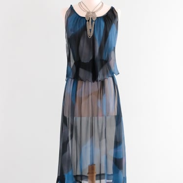 Coolest 1970's Cerulean Haze Abstract Printed Dress / Sz M