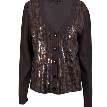 St. John - Dark Brown Wool & Silk Sequined Cardigan Sz L