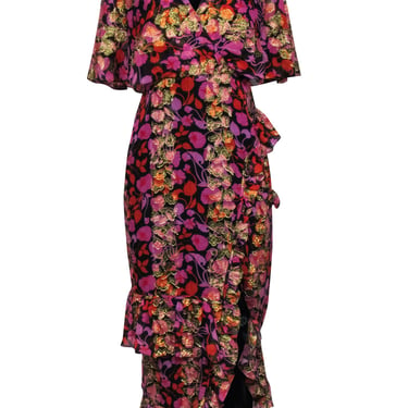 Saloni - Black w/ Pink, Orange &amp; Gold Floral Print Maxi Dress Sz 8