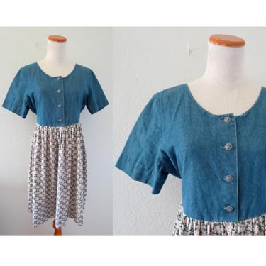 Vintage 90s Babydoll Dress - Denim & Floral Mini Length Summer Sundress - Size XL 