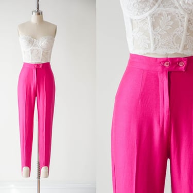 high waisted pants | 80s vintage JOU JOU neon hot pink stirrup stretch pants leggings 