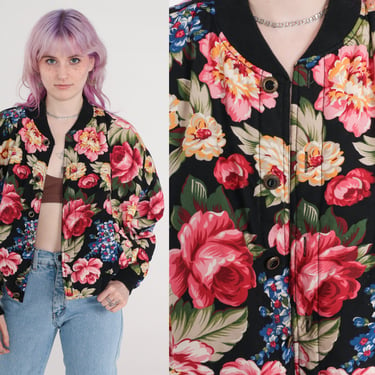 Floral Bomber Jacket 90s Black Jacket Retro Flower Print Boho Pink Rose Bohemian Vintage 1990s Retro Jacket Button Up Liz Claiborne Medium 