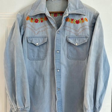 Vintage 70s Denim Embroidered Snap Button Collared Shirt Small Medium Boho Western by TimeBa