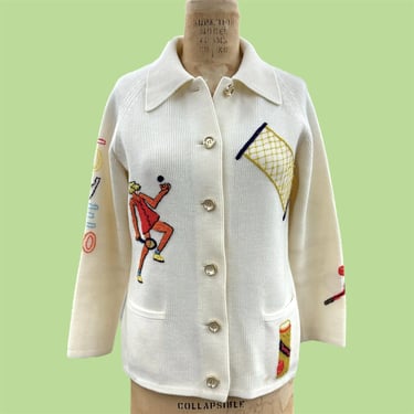 Vintage Cardigan Retro 1970s LeRoy Knitwear + Embroidered + Tennis Iconography + No Size + White + Gold Buttons + Sports + Novelty Sweater 