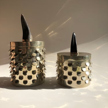 Set of Vintage Designer Airedelsur (Argentina) Candleholders, silver with cutouts and horn adornment 
