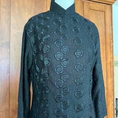 Vintage 70s Tinsel Brocade Cheongsam Black Dress with Amazing Embroidered Daisies Mandarin Collar; 80s Black Qipao Lurex Cocktail Dress L XL 