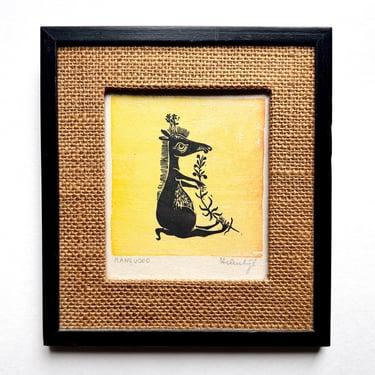 Adorable Helen Siegl Abstract Animal Yellow Woodblock Print, Vintage MCM 1950s 