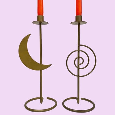 Vintage Candlestick Holders Retro 1990s Bohemian + Gold Metal + Moon and Spiral + Set of 2 + Boho Home Decor + Candle Display + Decoration 