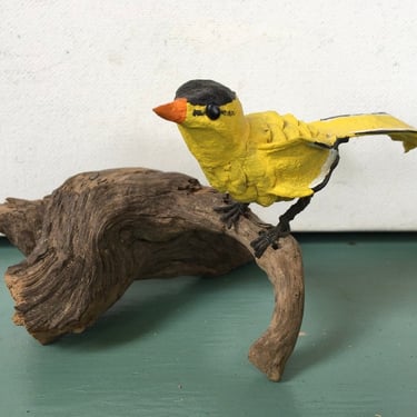 Vintage Pine Cone Bird On Driftwood, Handmade Sculpture, Nature Lover, Hand Crafted, Yellow Bird, Finch On Driftwood, Bird Watcher Gift 