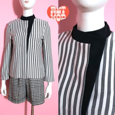 Chic Vintage 70s 80s Black White Stripe Geometric Collar Blazer 