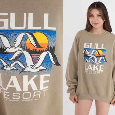 Gull Lake Resort Sweatshirt 80s Brainerd Minnesota Sweatshirt Taupe Seagull Sweatshirt Slouchy Vintage Crewneck 1980s Bird Sun 2xl 2x xxl 