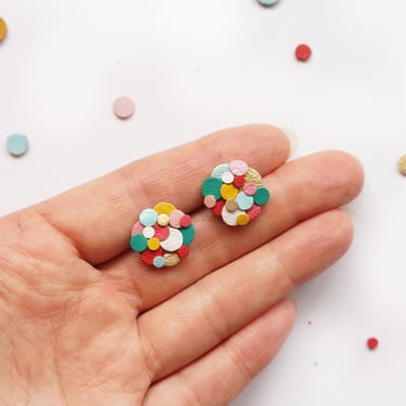 Rainbow Confetti Leather Statement Studs - Lightweight Colourful Reclaimed Leather Earrings 