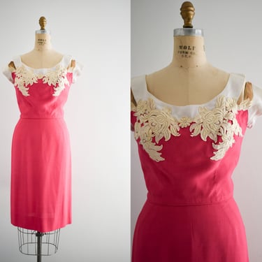 1950s/60s Peggy Hunt Hot Pink Floral Appliqué Wiggle Dress 