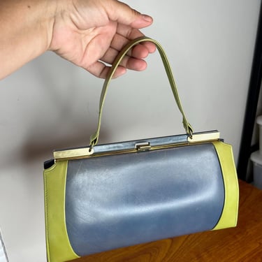 Contrasts Alike - Vintage 1950s Two Tone Pigeon Blue & Chartreuse Green Leather Handbag Purse 