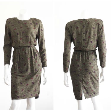 1990s back button olive green paisley print dress 