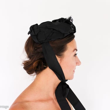 1900s Black Silk Hat | Turn of the Century Black Silk Flower Hat | Black Silk Tie Hat 
