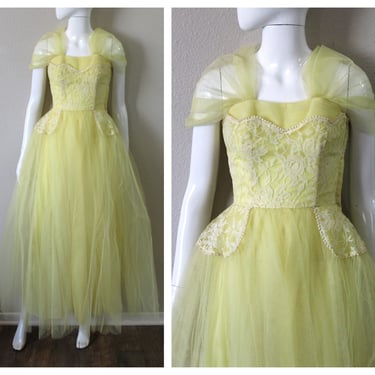 1950s Prom Yellow Cupcake Tulle Dress Strapless with shawl Event Dress formal gown // US 0 2 xs s waist 25 to 26 
