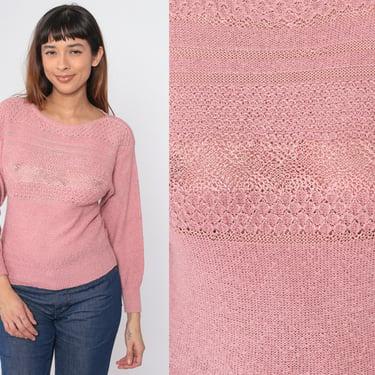 Sheer Pink Sweater 70s Cutout Sweater Boho Boatneck Knit Sweater Vintage Pointelle Cutwork Sweater 1970s Boat Neck Pullover Extra Small xs 