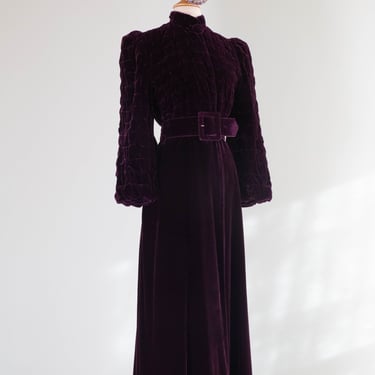 Rare 1930's Aubergine Silk Velvet Maxi Coat With Silk Lining / SM