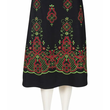 1970s Vintage Green & Red Embroidered Black Wool A-Line Skirt Sz S 