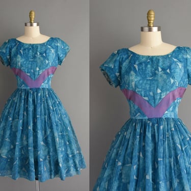 1950s vintage dress | Gorgeous Blue Chiffon Full Skirt Cocktail Party Dress | Medium | 50s dress 