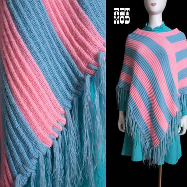 Too Cute Vintage 60s 70s Light Blue Pink Stripe Knit Poncho with Fringe 
