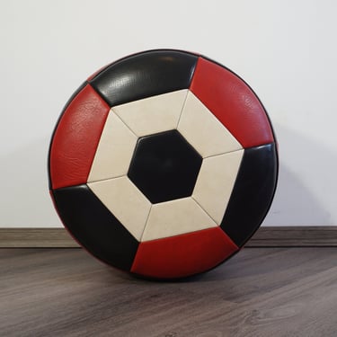 Vintage Round Stool / Vintage Ottoman / Mid Century Modern / 70s Stool / Feet Stool / Faux Leather Stool / Vintage Pouf / Red and Black 