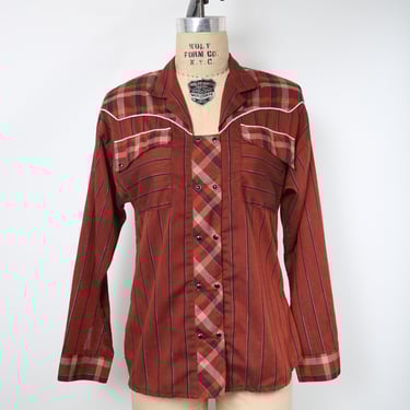 Vintage Plaid Cowgirl Western Blouse with Pearl Snap Buttons Silver Metallic Piping 