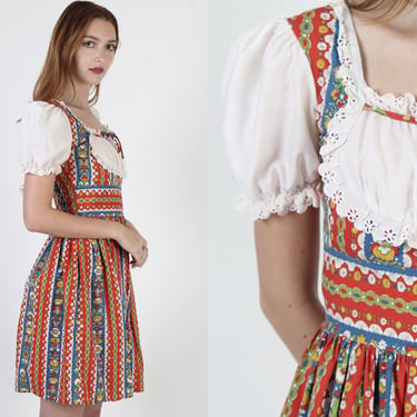 70s Country Dirndl Short Dress, Colorful German Folk Porch Dress, Vintage Oktoberfest Inspired Waitress Outfit 