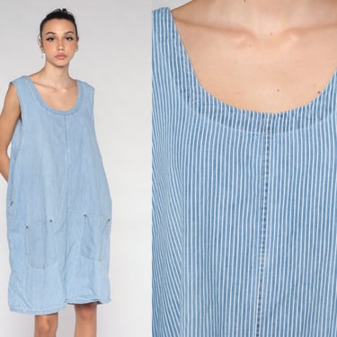Striped Overall Dress 90s Denim Jumper Dress Mini Pinafore Shift Pocket Blue Low Armhole Retro Minidress Sleeveless Vintage 1990s 2xl xxl 22 