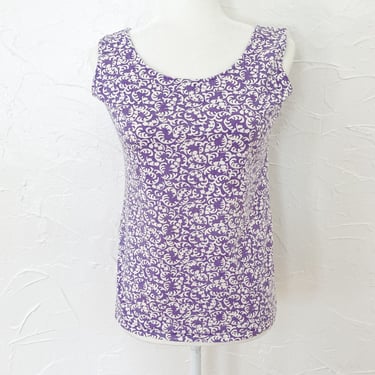 70s Abstract Floral Botanical Purple and White Jersey Tank Top 