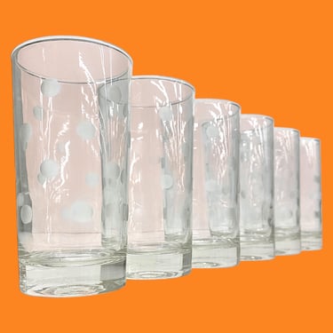 Vintage Drinking Glasses Retro 1970s Mid Century Modern + Etched Polka Dots + Clear Glass + Set of 6 + Water Tumblers + Highballs + Kitchen 