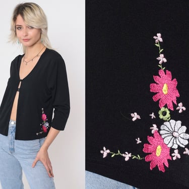 Floral Cardigan Jacket 90s Embroidered Open Front Jacket Black Pink Button Neck Vintage Retro Lightweight Layering Small Medium Petite 