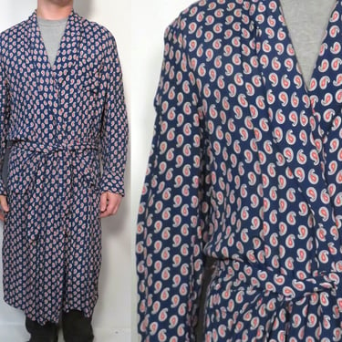 Vintage 50's Rayon Paisley Print Menswear Loungewear Robe Size M 