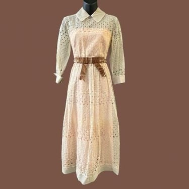 vintage cream lace dress 1960s embroidered cutout formal dress medium 