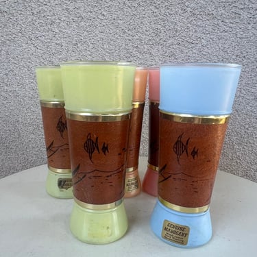 Vintage Siesta ware set 5 tiki glasses mahogany leather wrap with Hawaiian embossed theme 