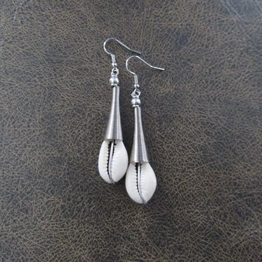 Cowrie shell earrings, silver African Afrocentric earrings 