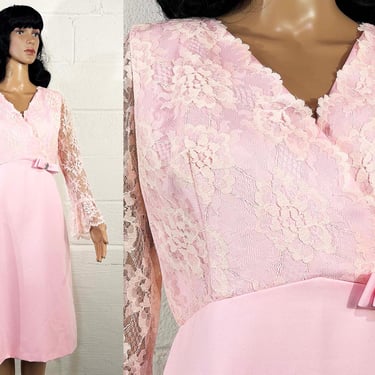 Vintage Pink Lace Dress Rhinestone Bow Trim Flounce Bell Sleeve Wedding Guest Cocktail Party 1960s Bridesmaid Mod Twiggy Large 60s Prom 