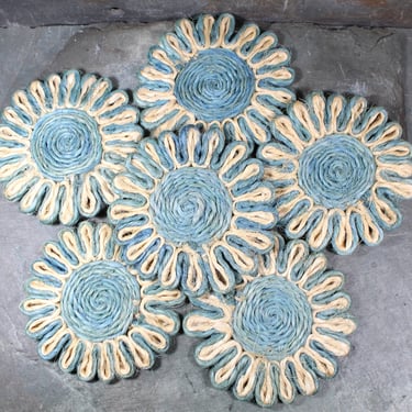 Set of 6 Mid-Century Jute Rope Coasters | Floral Blue and Cream Colored Twine Coasters | Beach Decor  | Bixley Shop 