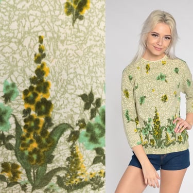 Wool Floral Sweater 60s 70s Knit Pullover Sweater Green Flower Wildflower Lupine Print Jumper Retro Seventies Knitwear Vintage 1970s Small S 