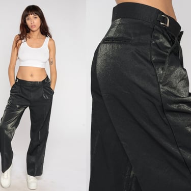 90s Metallic Trousers Black Sparkly Straight Leg Pants High Waisted Trousers Pleated Shiny Party Office Wear Vintage 1990s Large L 