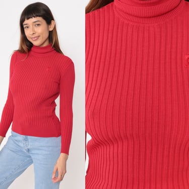 Red Turtleneck Sweater 80s Pierre Cardin Sweater Ribbed Pullover Jumper Designer Vintage Plain Funnel Neck Small S 
