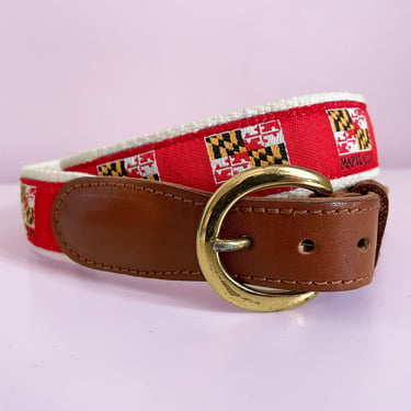 Vintage preppy web belt, Maryland State flag ribbon | genuine leather & brass buckle, men’s 34 