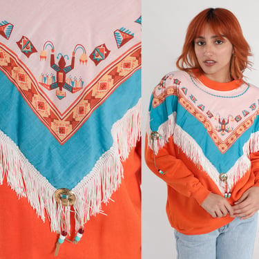 80s Southwestern Sweatshirt Orange Fringe Southwest Print Shirt Aztec Long Sleeve Vintage 1980s Slouchy Ringer Cowgirl Western Medium Large 