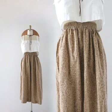 homespun calico skirt 26-34 - vintage womens brown tan beige gold small ditsy floral long homemade maxi skirt 