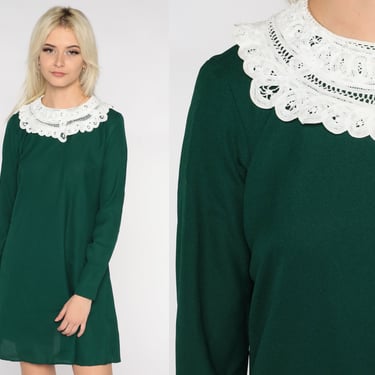 Lace Collar Mini Dress 70s Green Tent Dress Boho Mod Long Sleeve Hippie Retro Trapeze Dress Vintage 1970s Bohemian Gothic Victorian Medium M 