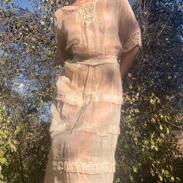 Antique Edwardian Blush Pink Organza Ruffle Dress Floor Length Medium Gown Sheer by TimeBa