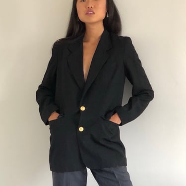 90s linen blazer / vintage black linen blend gold button blazer | Small 