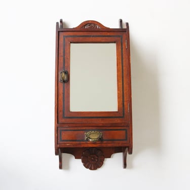 Antique Art Deco Handcarved Floral Wood Mirror Medicine Bathroom kitchen Cabinet Small Wall Cabinet Apothecary Keycabinet Authentic 1920 