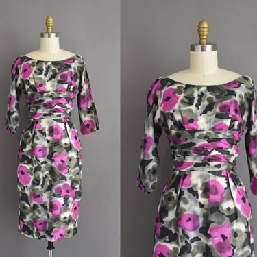 Vintage 1950s Dress | Purple Floral Silk Wiggle Dress | XS 